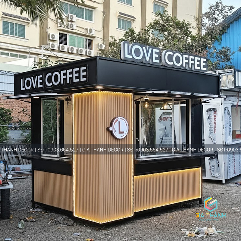 Kiot Bán Cafe Trà Sữa mang đi Đen - Vàng Nhạt có Led | Mẫu 36